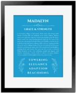Madalyn custom name print for wall display in blue with black matte frame