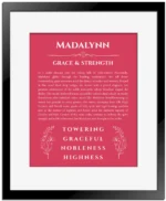 Madalynn personalized name print with origin and traits in red with black matte frame
