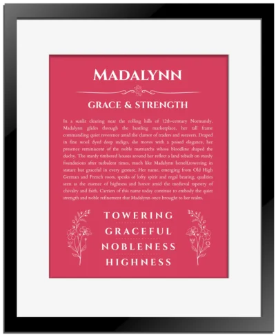 Madalynn personalized name print with origin and traits in red with black matte frame