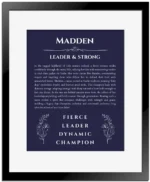 Madden personalized name meaning print in navy blue with black matte frame