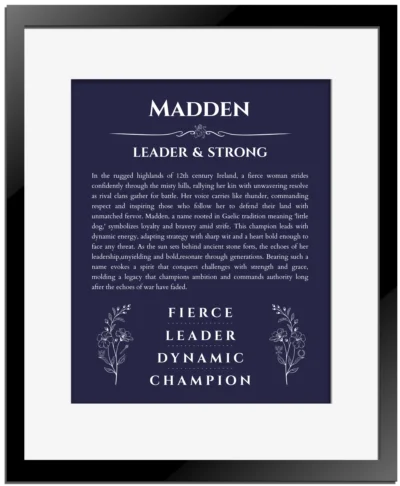 Madden personalized name meaning print in navy blue with black matte frame