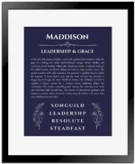 Maddison personalized name print with origin and traits in navy blue with black matte frame
