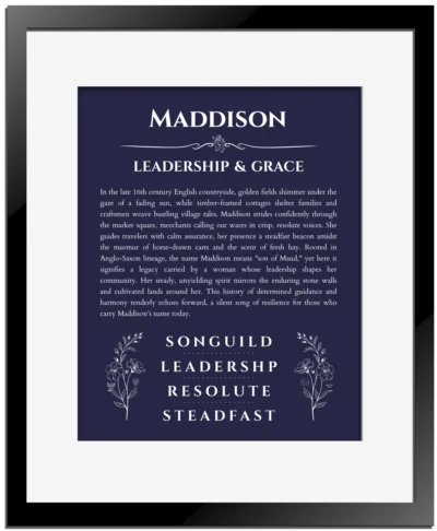 Maddison personalized name print with origin and traits in navy blue with black matte frame