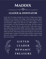 Maddix personalized name art with origin story in navy blue