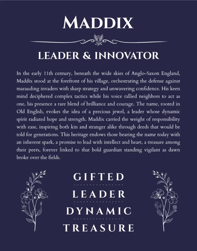 Maddix personalized name art with origin story in navy blue