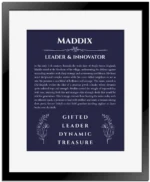 Maddix personalized name art with origin story in navy blue with black matte frame