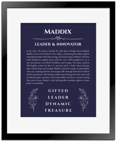 Maddix personalized name art with origin story in navy blue with black matte frame