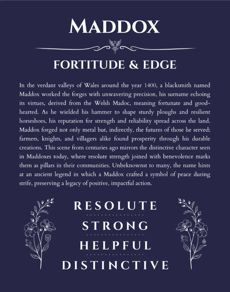 Maddox personalized name print with origin and traits in navy blue