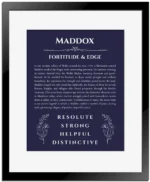 Maddox personalized name print with origin and traits in navy blue with black matte frame
