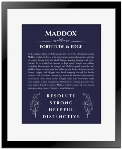 Maddox personalized name print with origin and traits in navy blue with black matte frame