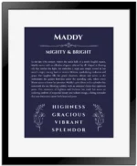 Maddy name meaning gift print in navy blue with black matte frame