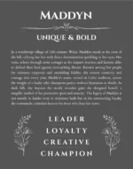 Maddyn name origin print with meaning and traits in gray