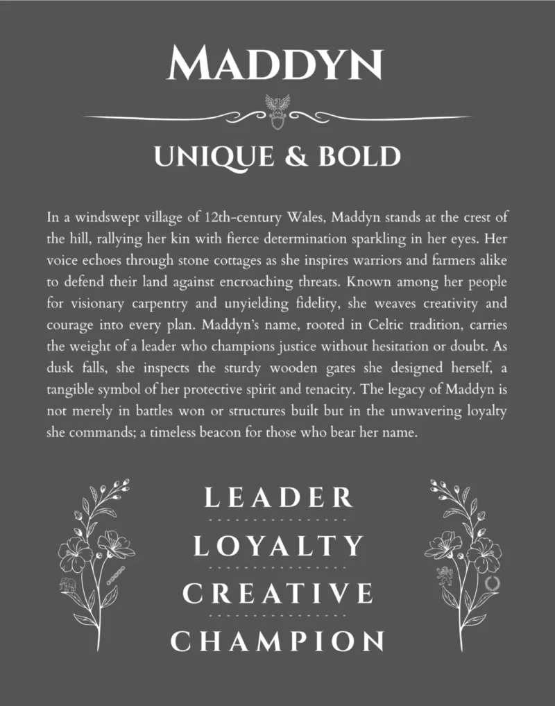 Maddyn name origin print with meaning and traits in gray