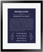 Madeleine personalized name print with origin and traits in navy blue with black matte frame