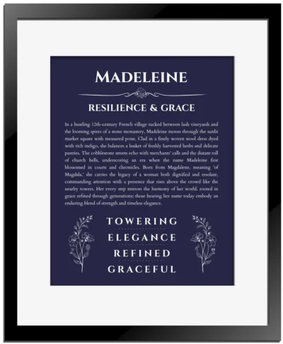 Madeleine personalized name print with origin and traits in navy blue with black matte frame