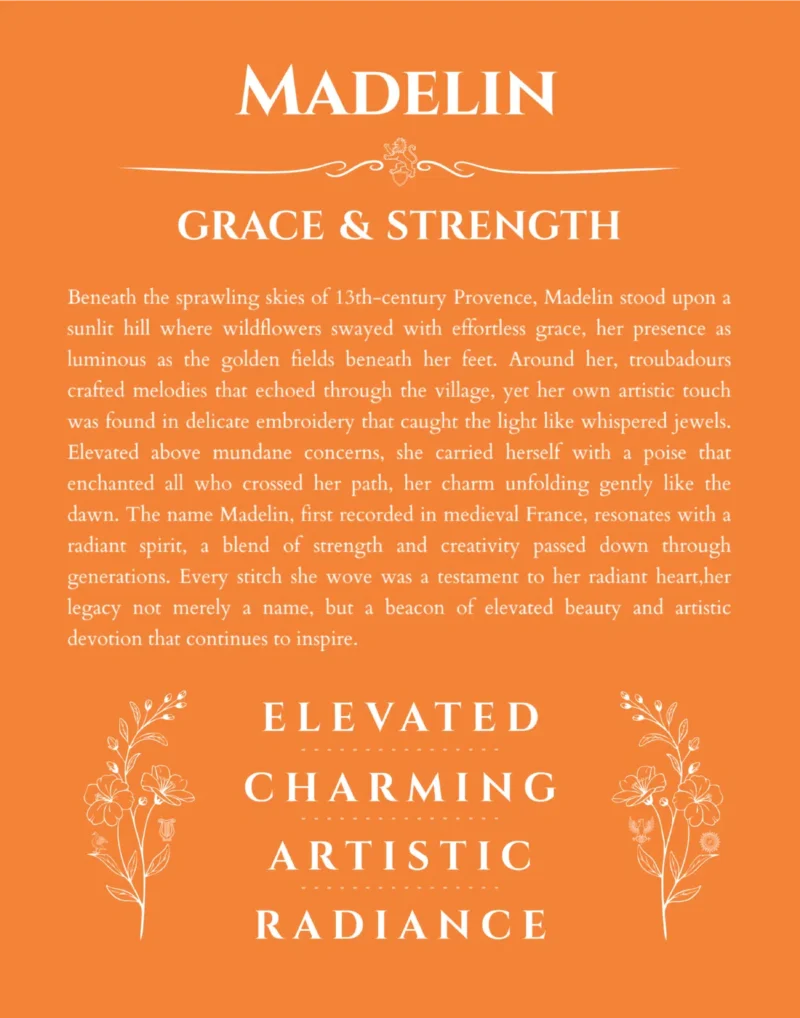 Madelin personalized name art with origin story in orange