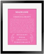 Madeline name meaning gift print in pink with black matte frame