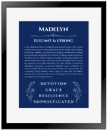 Madelyn personalized wall art with the story of your name in deep blue with black matte frame