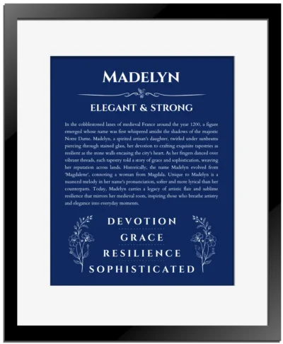 Madelyn personalized wall art with the story of your name in deep blue with black matte frame