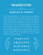Madelyne name origin print with meaning and traits in blue