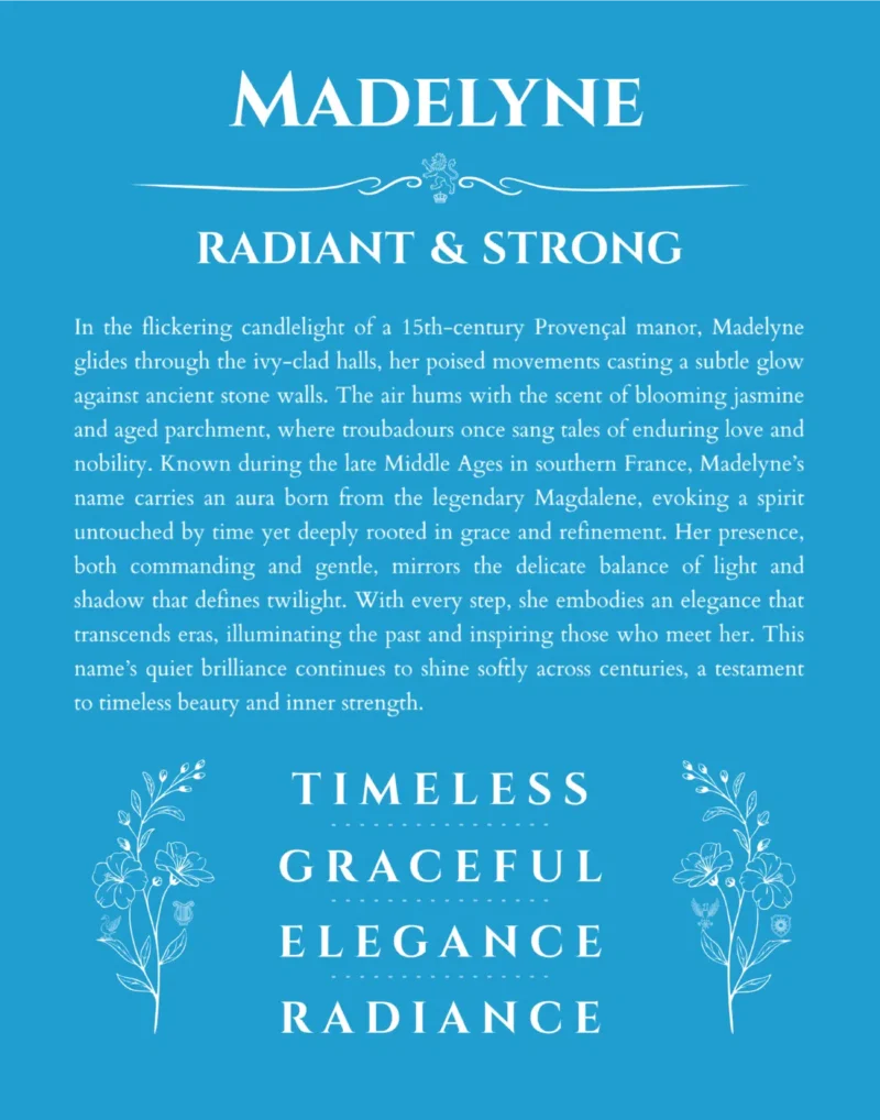 Madelyne name origin print with meaning and traits in blue