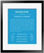 Madelyne name origin print with meaning and traits in blue with black matte frame