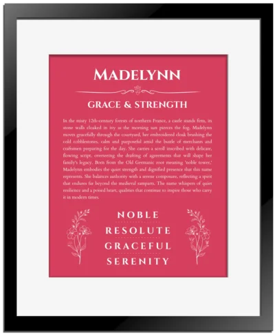 Madelynn name meaning wall art by Get Your Story in red with black matte frame