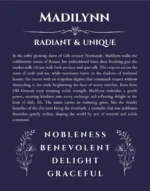 Madilynn custom name art showing meaning and origin in navy blue
