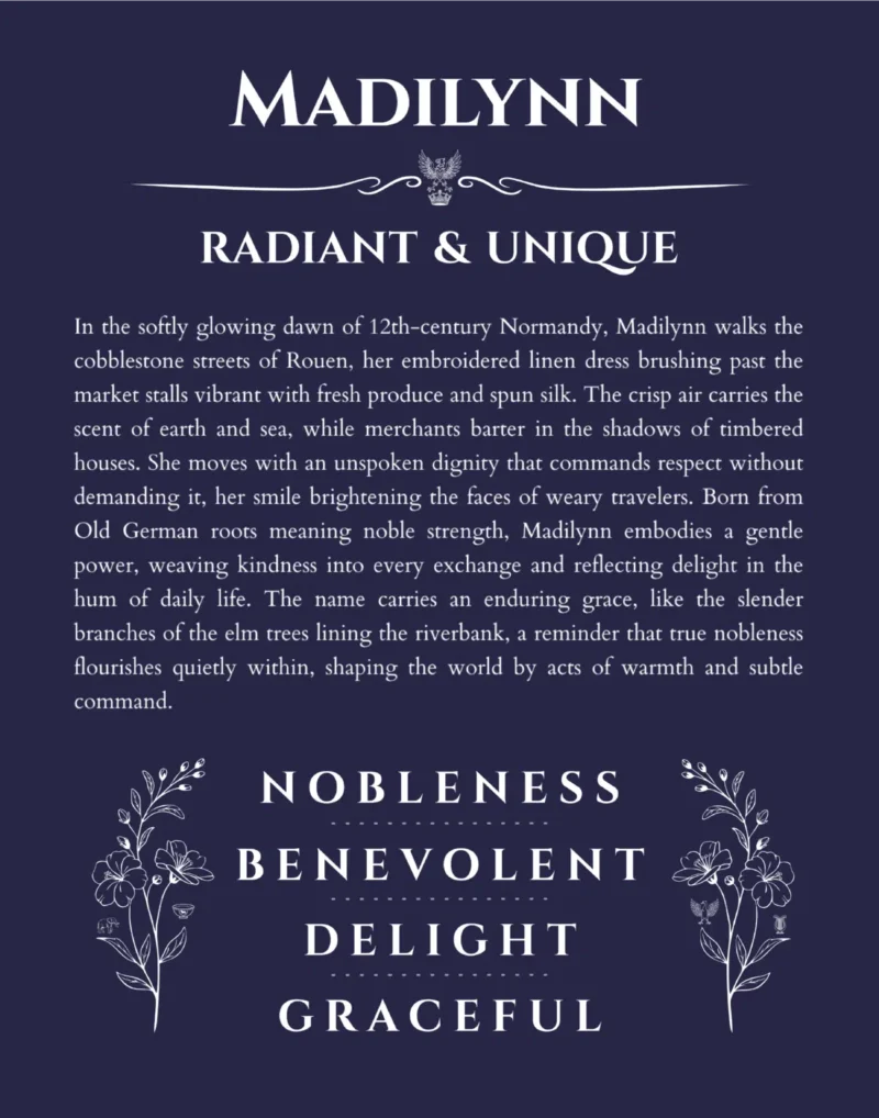Madilynn custom name art showing meaning and origin in navy blue
