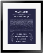 Madilynn custom name art showing meaning and origin in navy blue with black matte frame