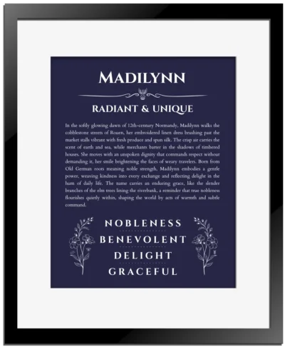 Madilynn custom name art showing meaning and origin in navy blue with black matte frame