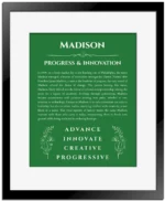 Madison custom name art showing meaning and origin in dark green with black matte frame