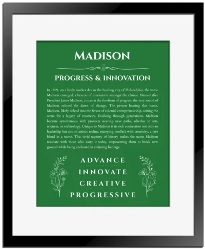 Madison custom name art showing meaning and origin in dark green with black matte frame