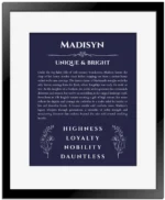 Madisyn name meaning gift print in navy blue with black matte frame