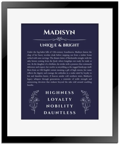 Madisyn name meaning gift print in navy blue with black matte frame