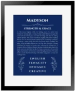 Madyson name meaning wall art by Get Your Story in deep blue with black matte frame