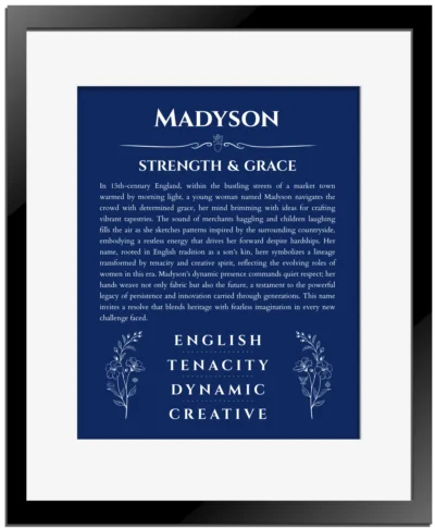 Madyson name meaning wall art by Get Your Story in deep blue with black matte frame