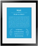Mae custom name meaning print in blue with black matte frame