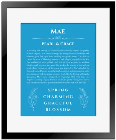 Mae custom name meaning print in blue with black matte frame