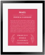 Mael name origin print with meaning and traits in red with black matte frame