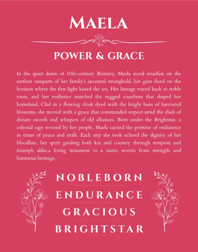 Maela personalized name art with origin story in red