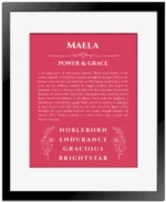 Maela personalized name art with origin story in red with black matte frame
