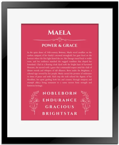 Maela personalized name art with origin story in red with black matte frame