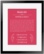 Maelee name origin print with meaning and traits in red with black matte frame