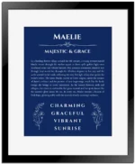 Maelie personalized wall art with the story of your name in deep blue with black matte frame