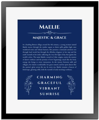 Maelie personalized wall art with the story of your name in deep blue with black matte frame