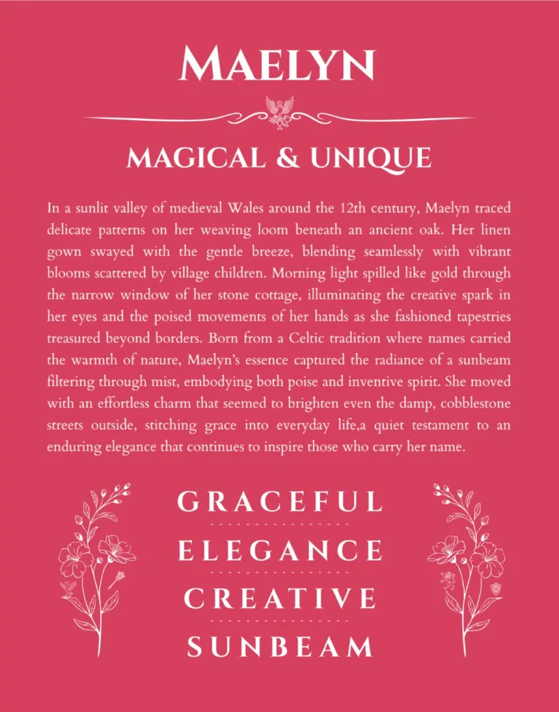 Maelyn personalized name art with origin story in red