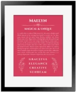 Maelyn personalized name art with origin story in red with black matte frame