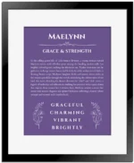 Maelynn personalized name meaning print in purple with black matte frame