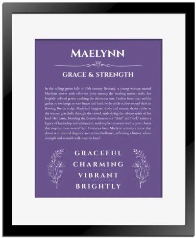 Maelynn personalized name meaning print in purple with black matte frame